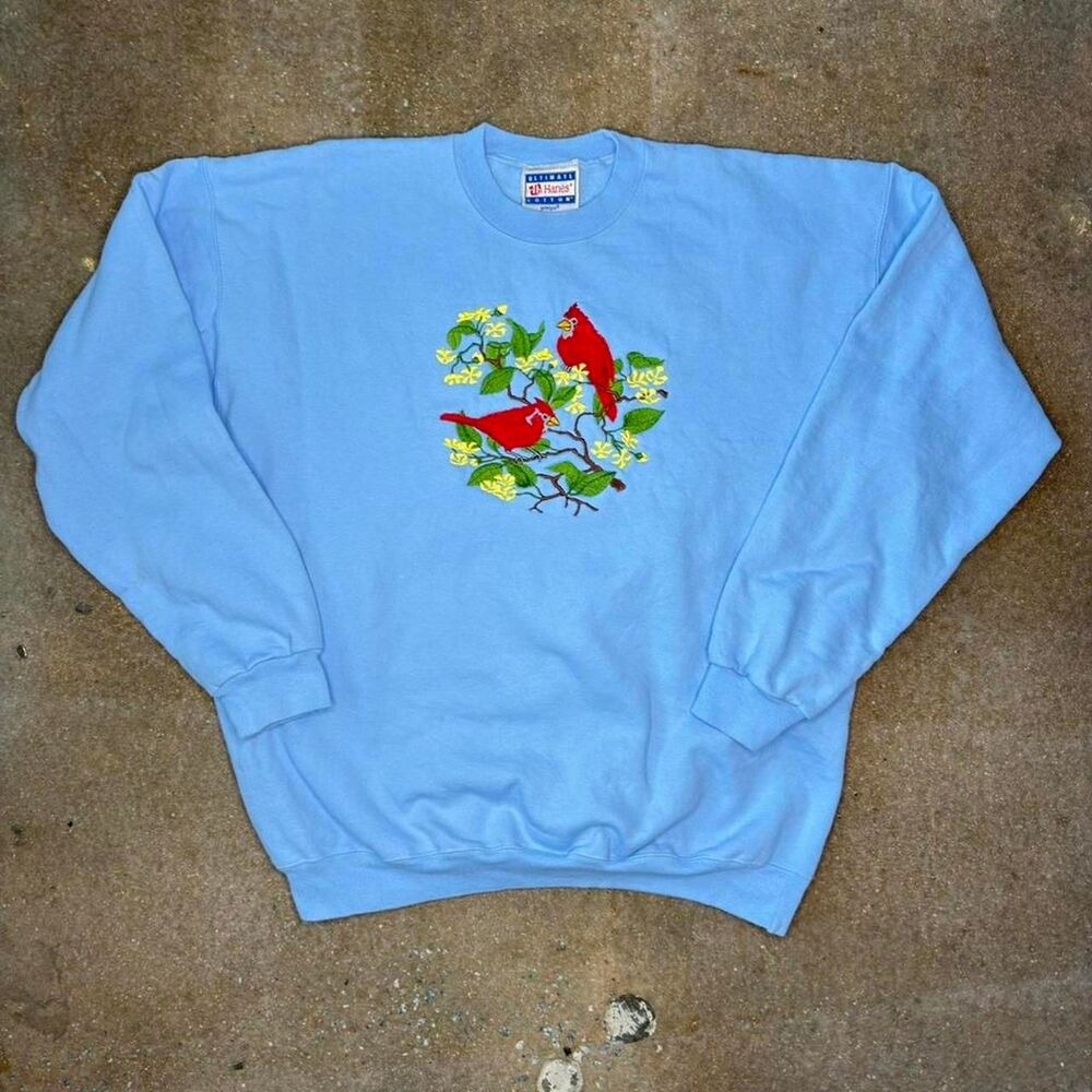 Hanes Ultimate Cotton Crewneck Sweatshirt Mens Large Blue Embroidered Cardinal